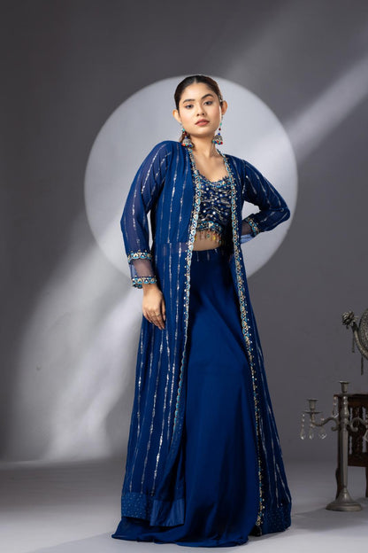 Deep Blue Lehenga set with Long Cape