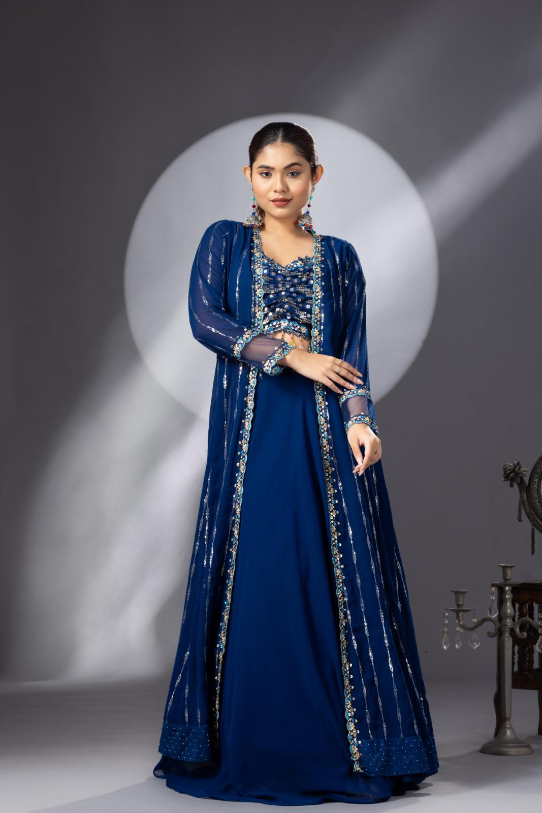 Deep Blue Lehenga set with Long Cape