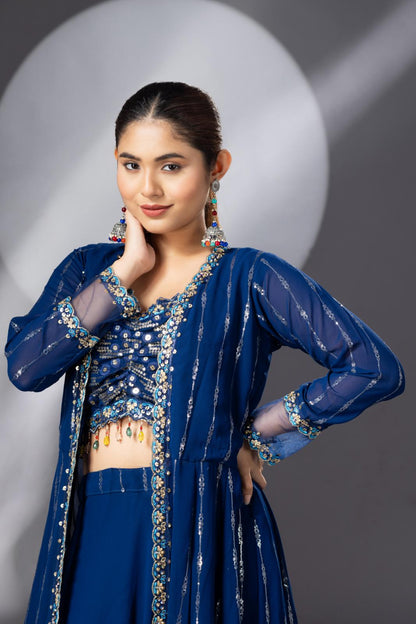 Deep Blue Lehenga set with Long Cape