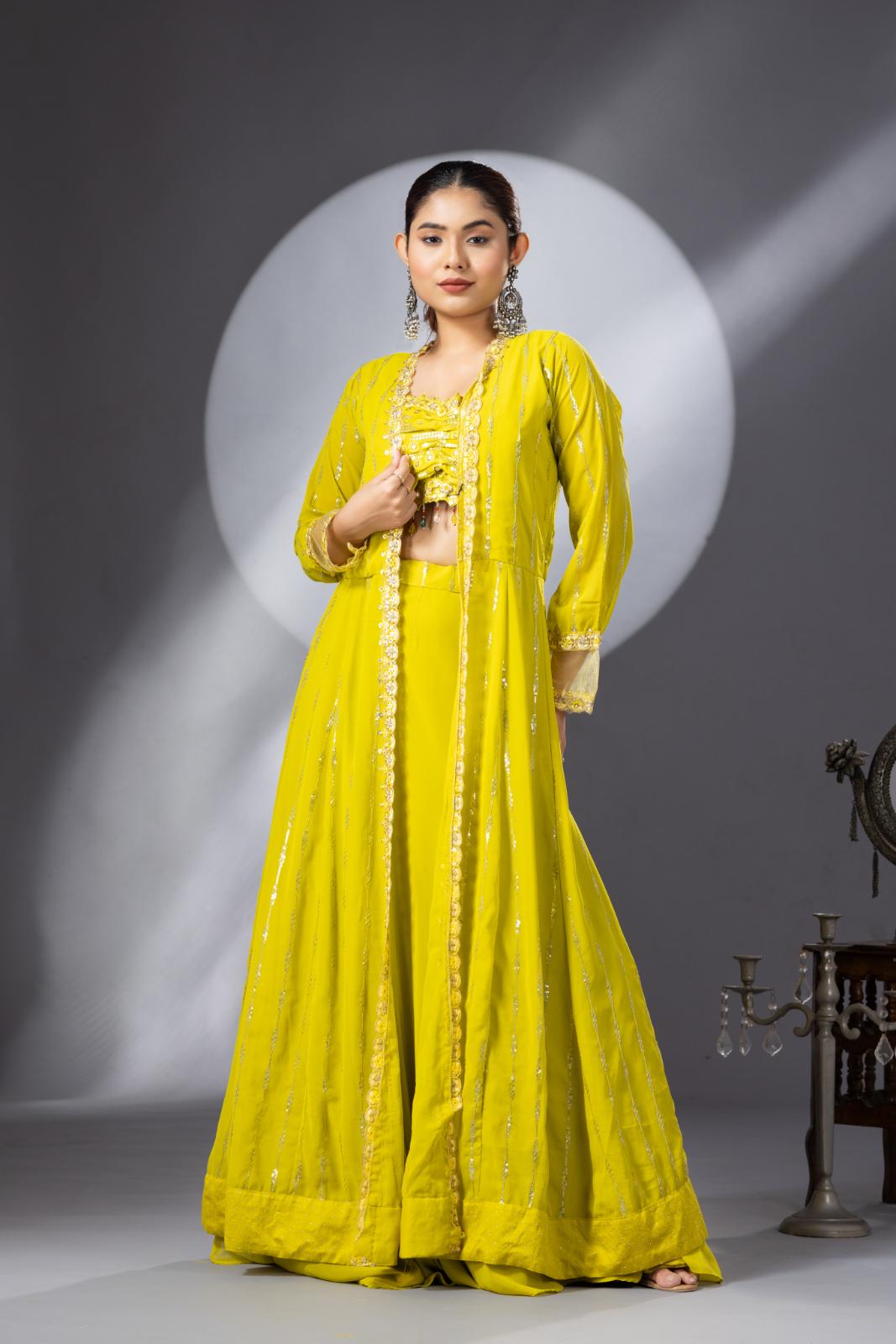 Yellow Lehenga Set with Long Cape