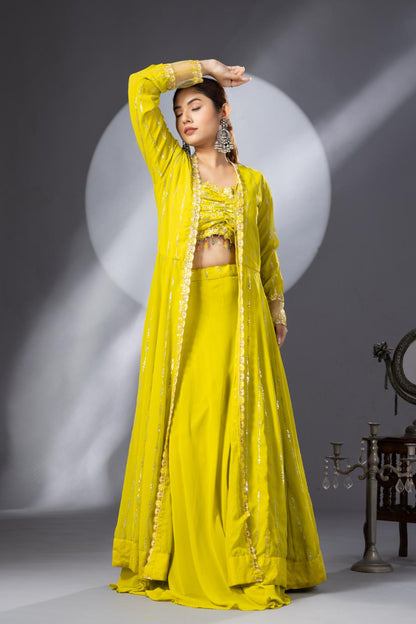 Yellow Lehenga Set with Long Cape