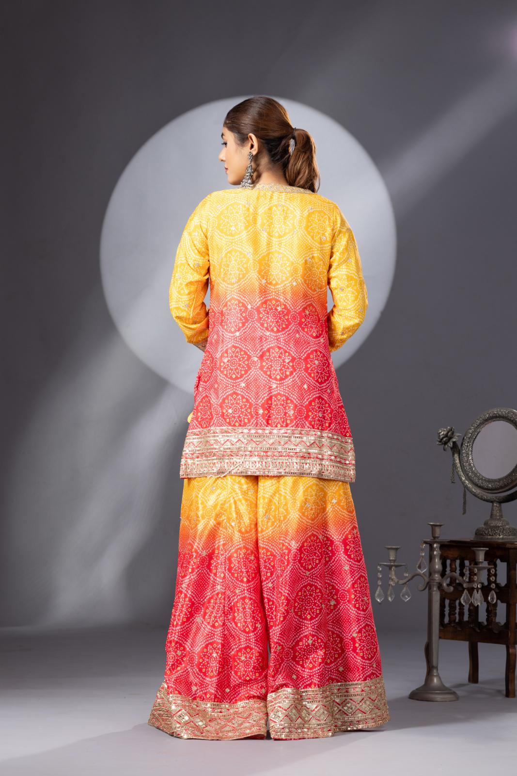 Stunning Haldi Yellow Pink Bandhini Print Sharara Set