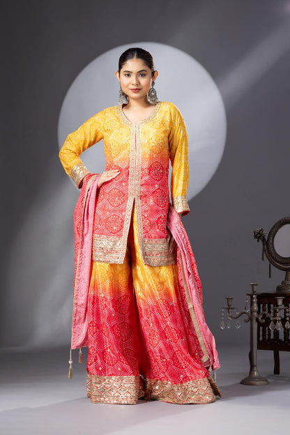 Stunning Haldi Yellow Pink Bandhini Print Sharara Set