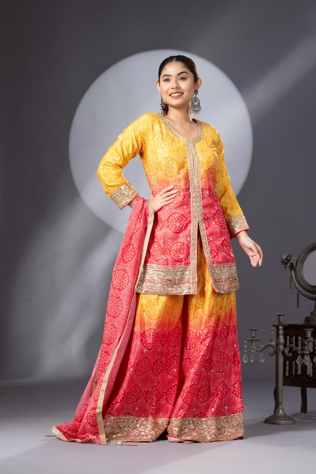 Stunning Haldi Yellow Pink Bandhini Print Sharara Set