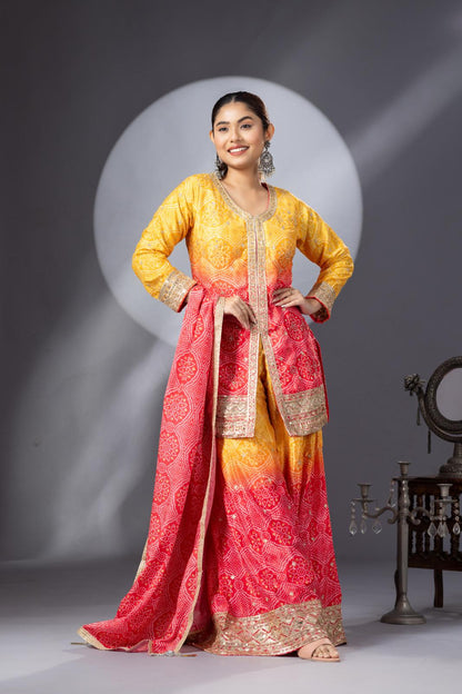 Stunning Haldi Yellow Pink Bandhini Print Sharara Set