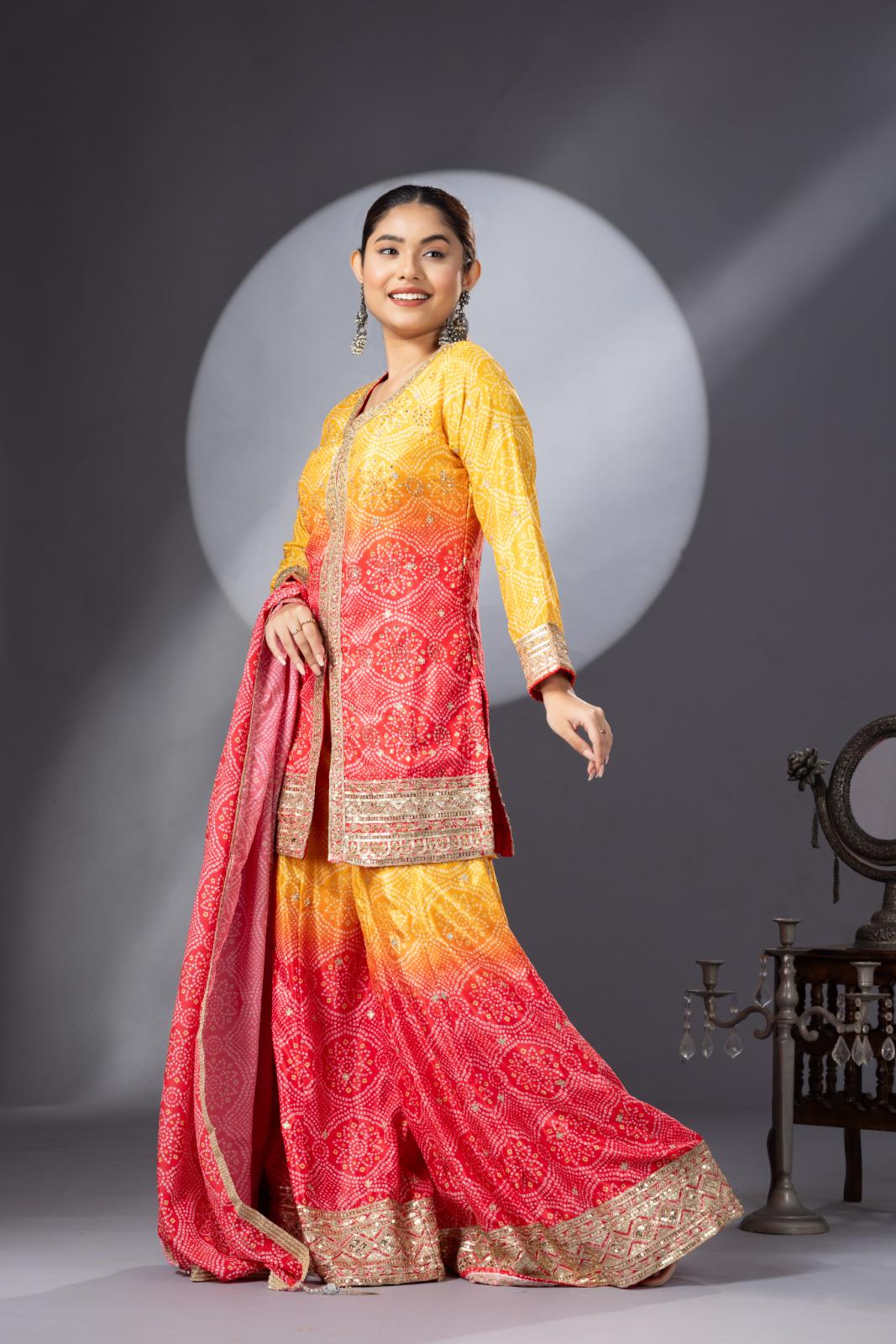 Stunning Haldi Yellow Pink Bandhini Print Sharara Set