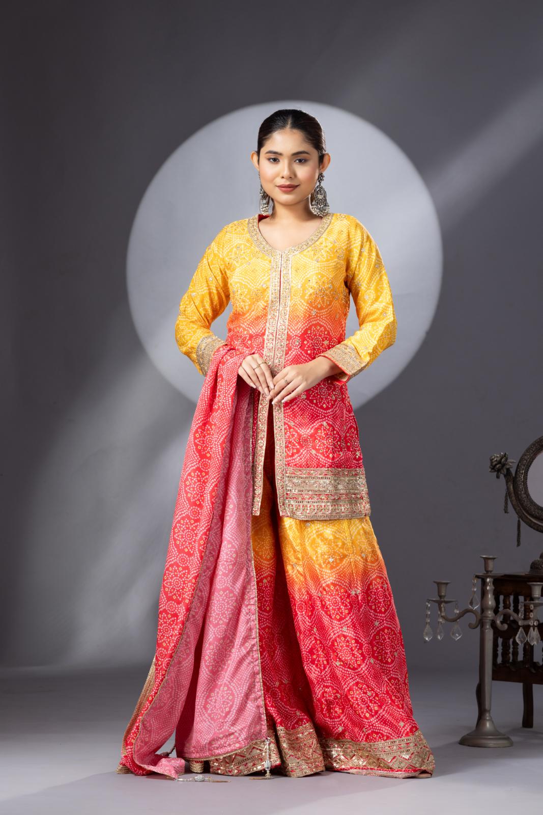 Stunning Haldi Yellow Pink Bandhini Print Sharara Set