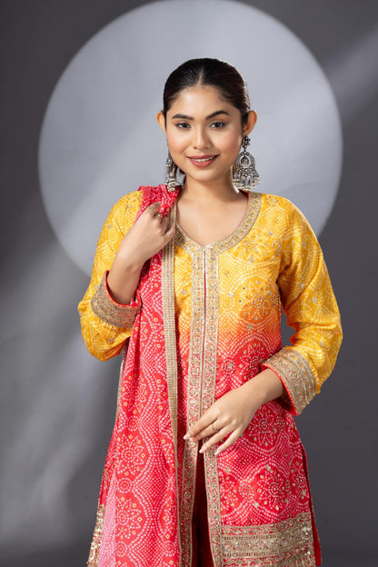 Stunning Haldi Yellow Pink Bandhini Print Sharara Set