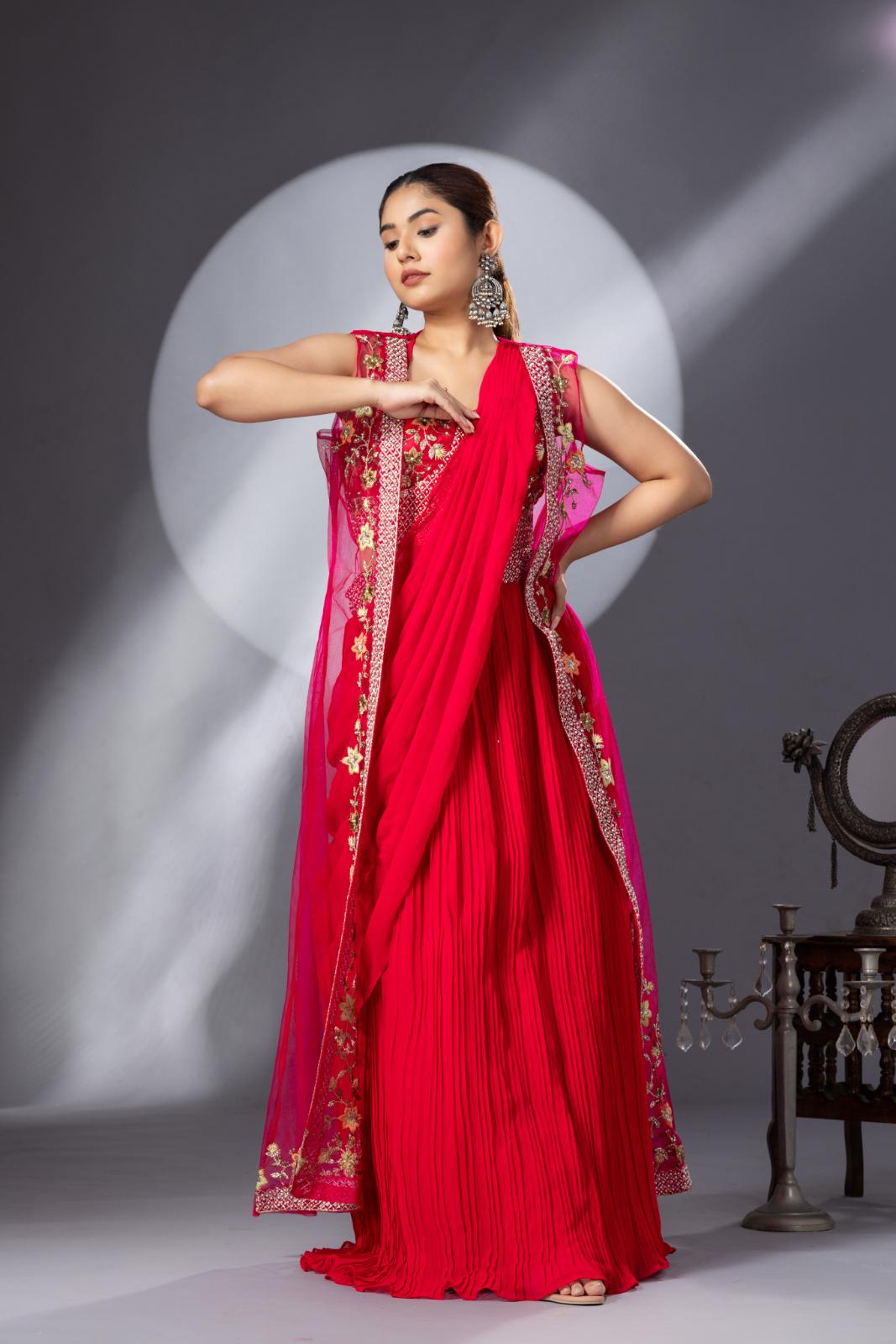 Hot Pink Georgette Draped Jacket Saree Set