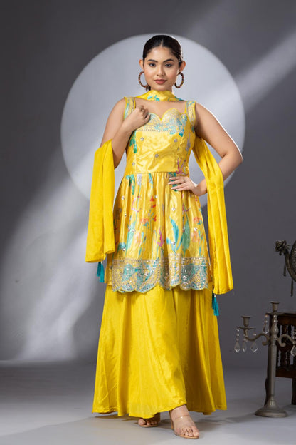 Bright Yellow Floral Printed Georgette Silk Palazzo Set