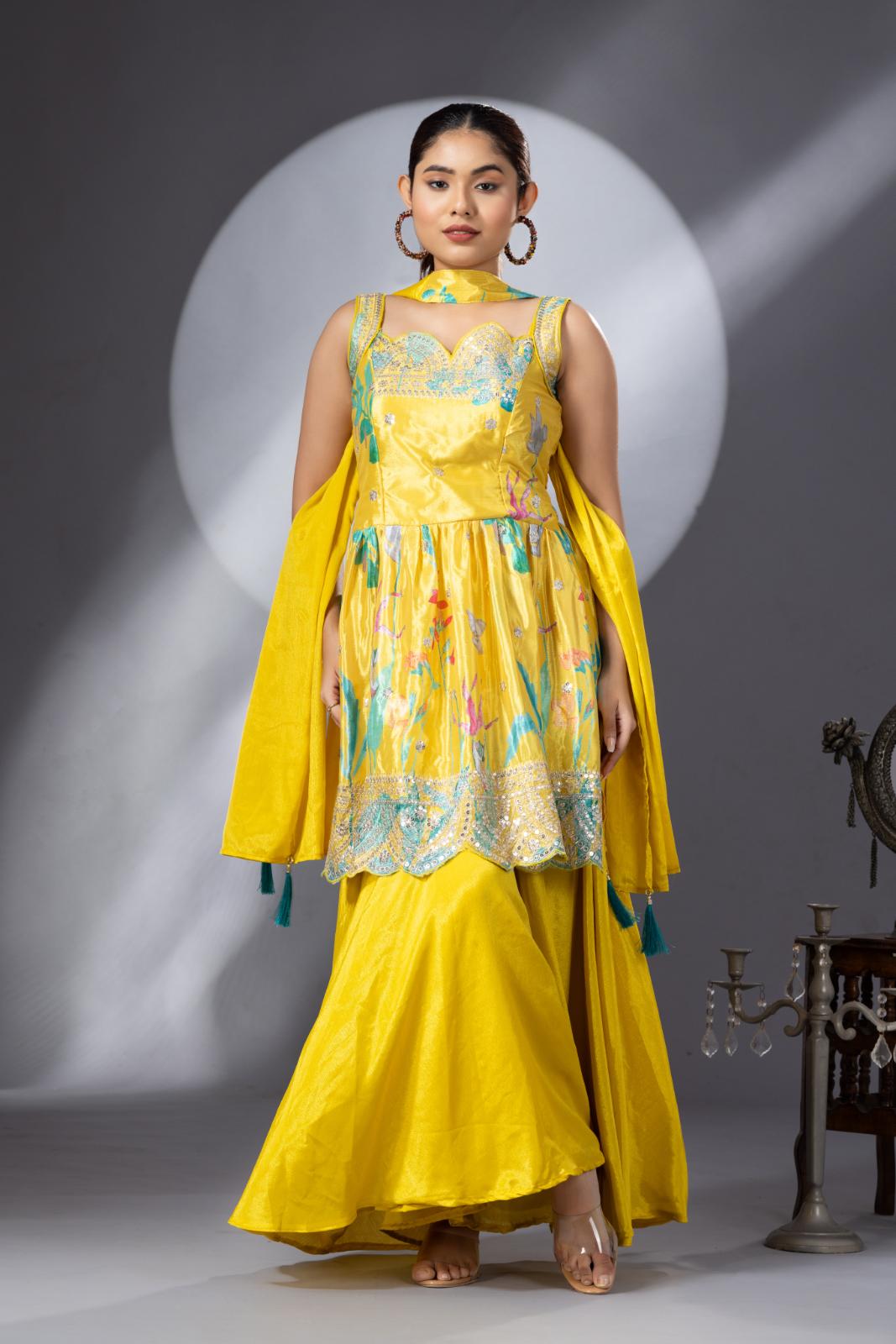 Bright Yellow Floral Printed Georgette Silk Palazzo Set