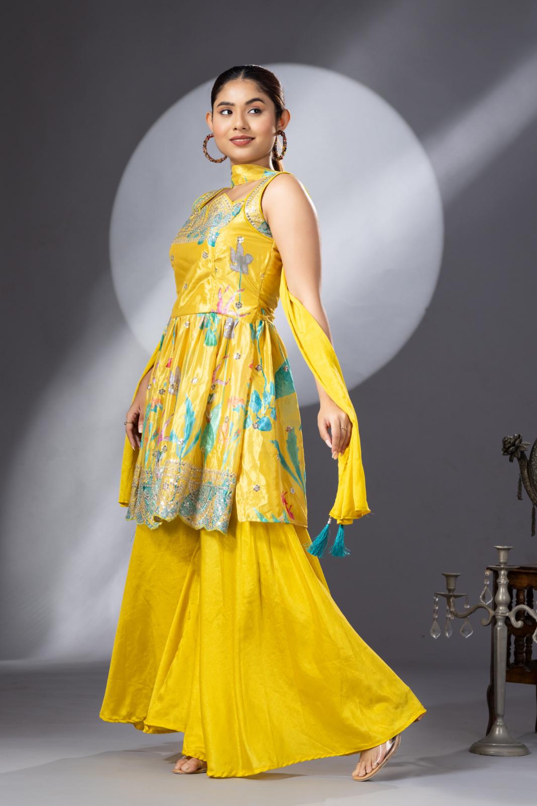 Bright Yellow Floral Printed Georgette Silk Palazzo Set