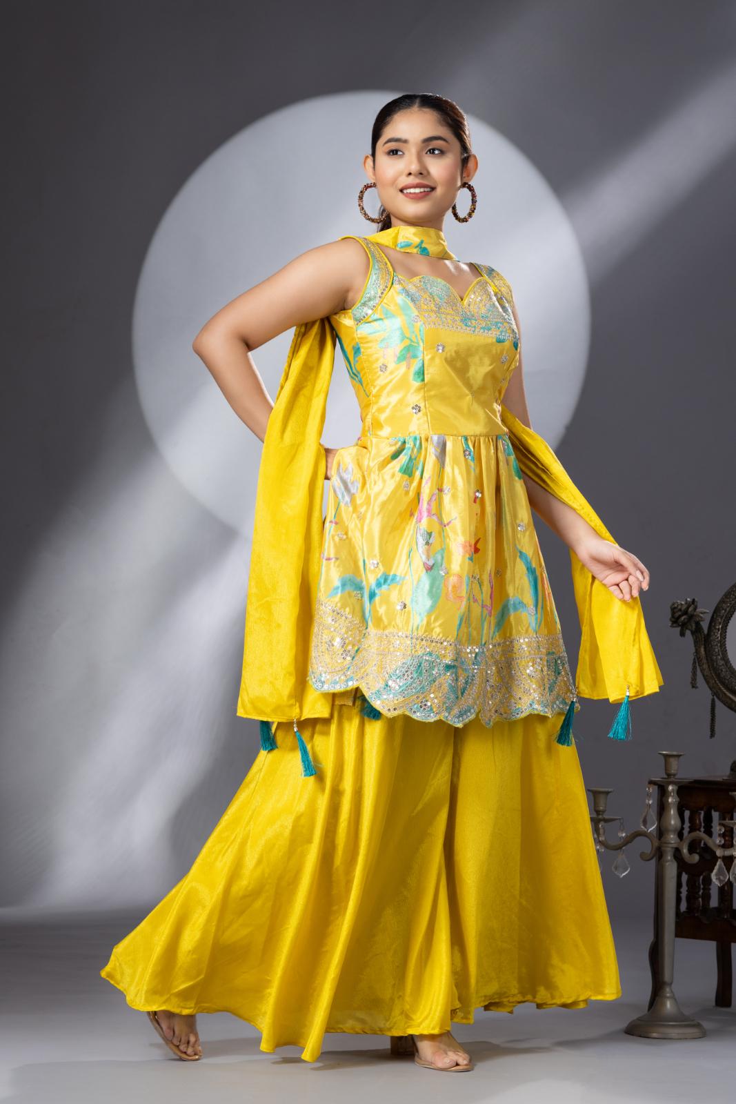 Bright Yellow Floral Printed Georgette Silk Palazzo Set