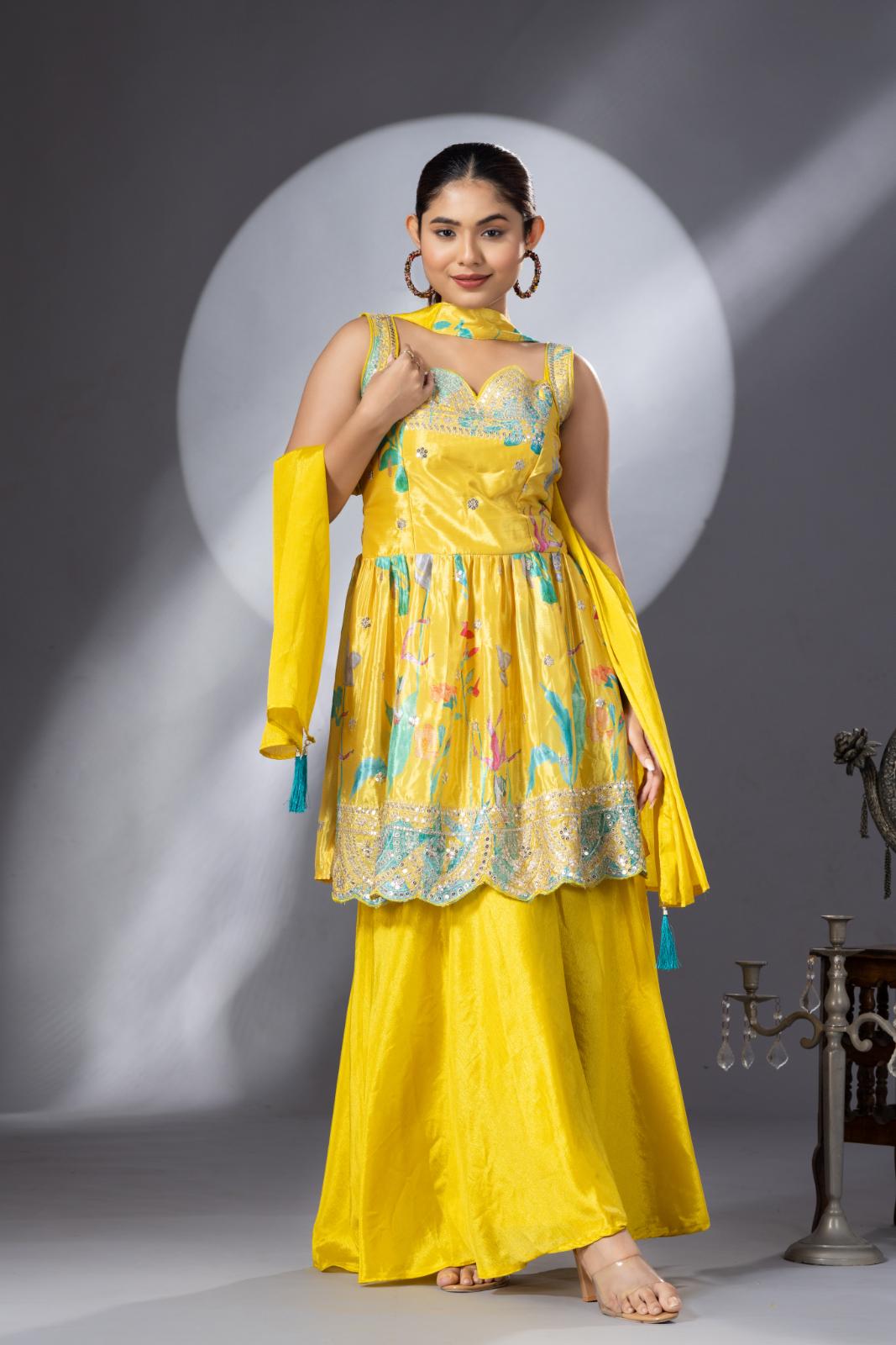 Bright Yellow Floral Printed Georgette Silk Palazzo Set