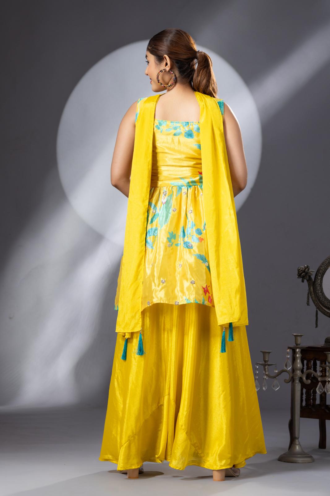 Bright Yellow Floral Printed Georgette Silk Palazzo Set