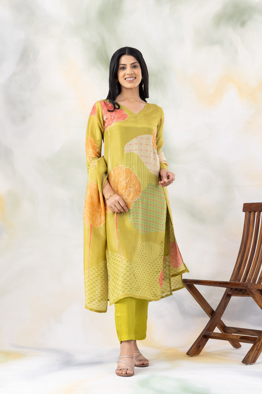 Green Floral Kurta With Trousers and Dupatta
