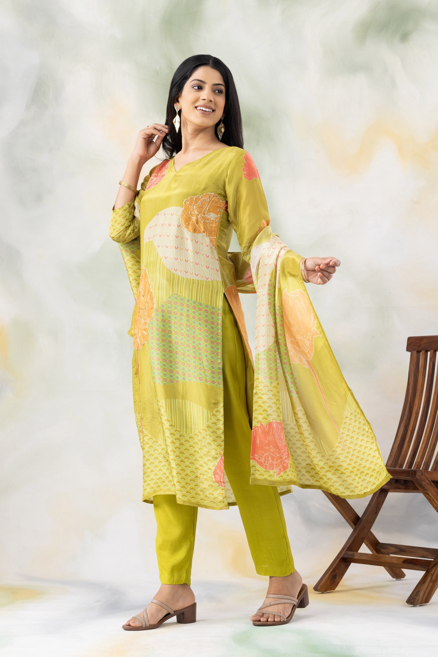 Green Floral Kurta With Trousers and Dupatta