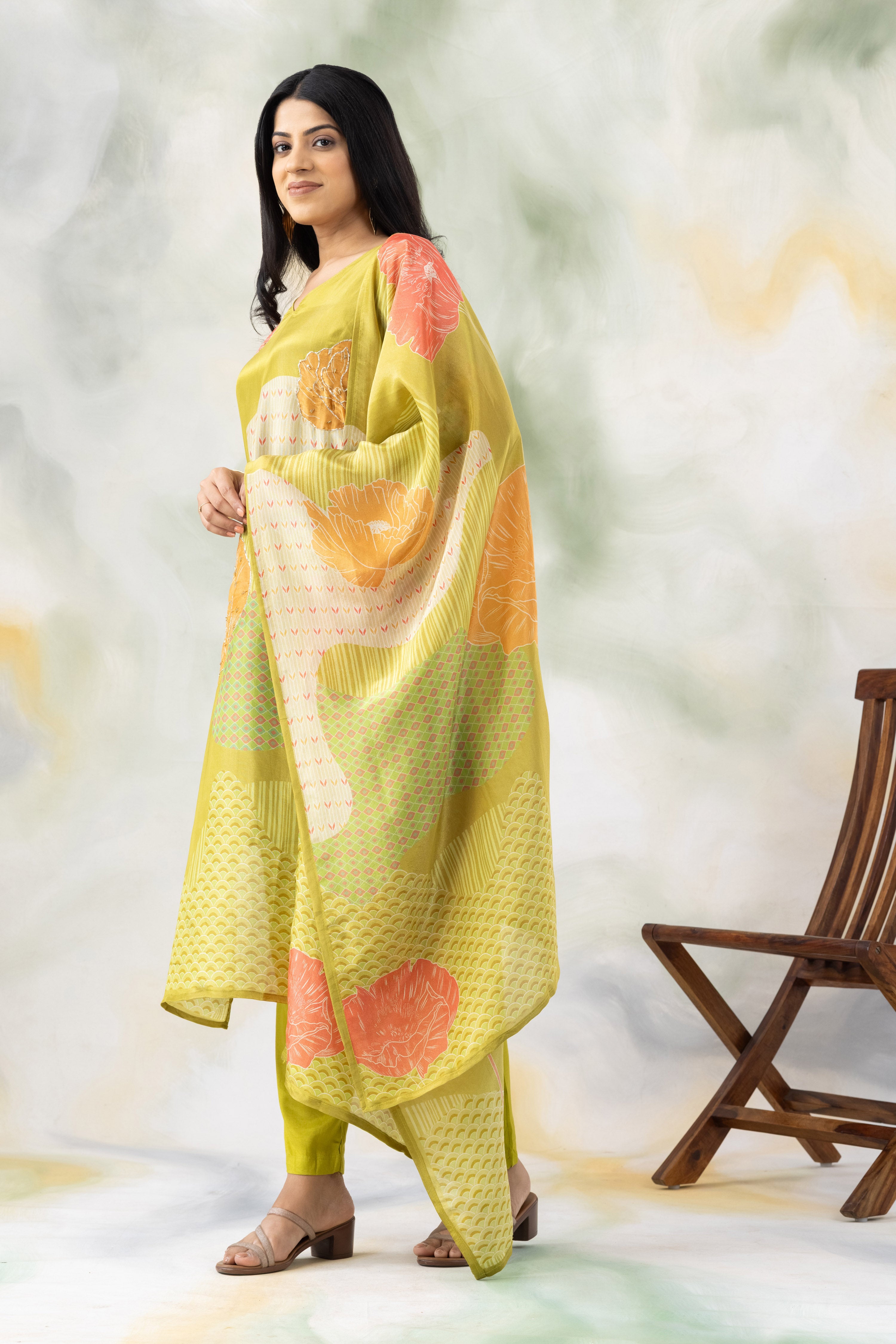 Green Floral Kurta With Trousers and Dupatta
