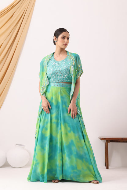 Green Tie &amp; Dye Flared Lehenga Set