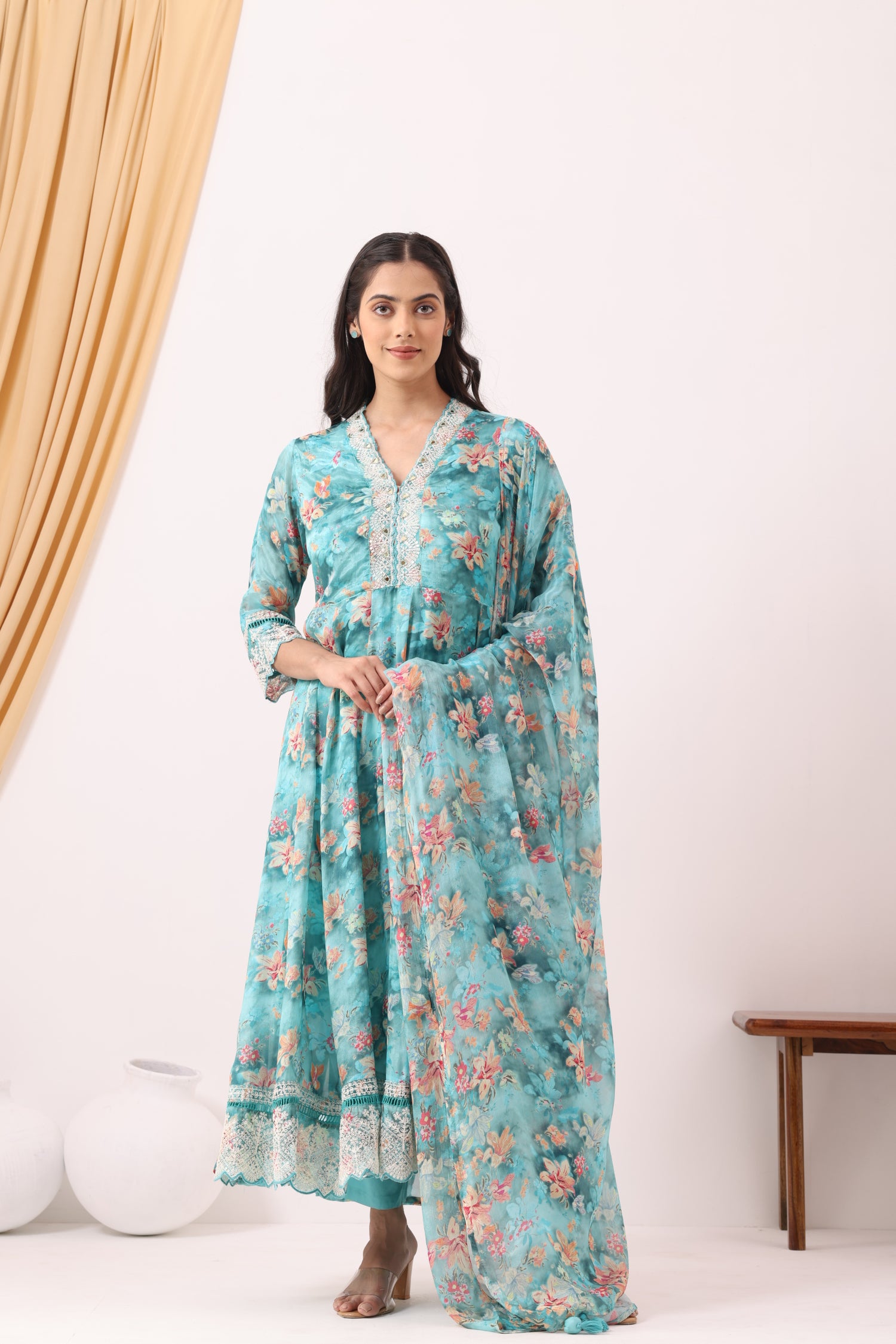 Turquoise Crepe Printed &amp; Hand Embroidered Anarkali Set