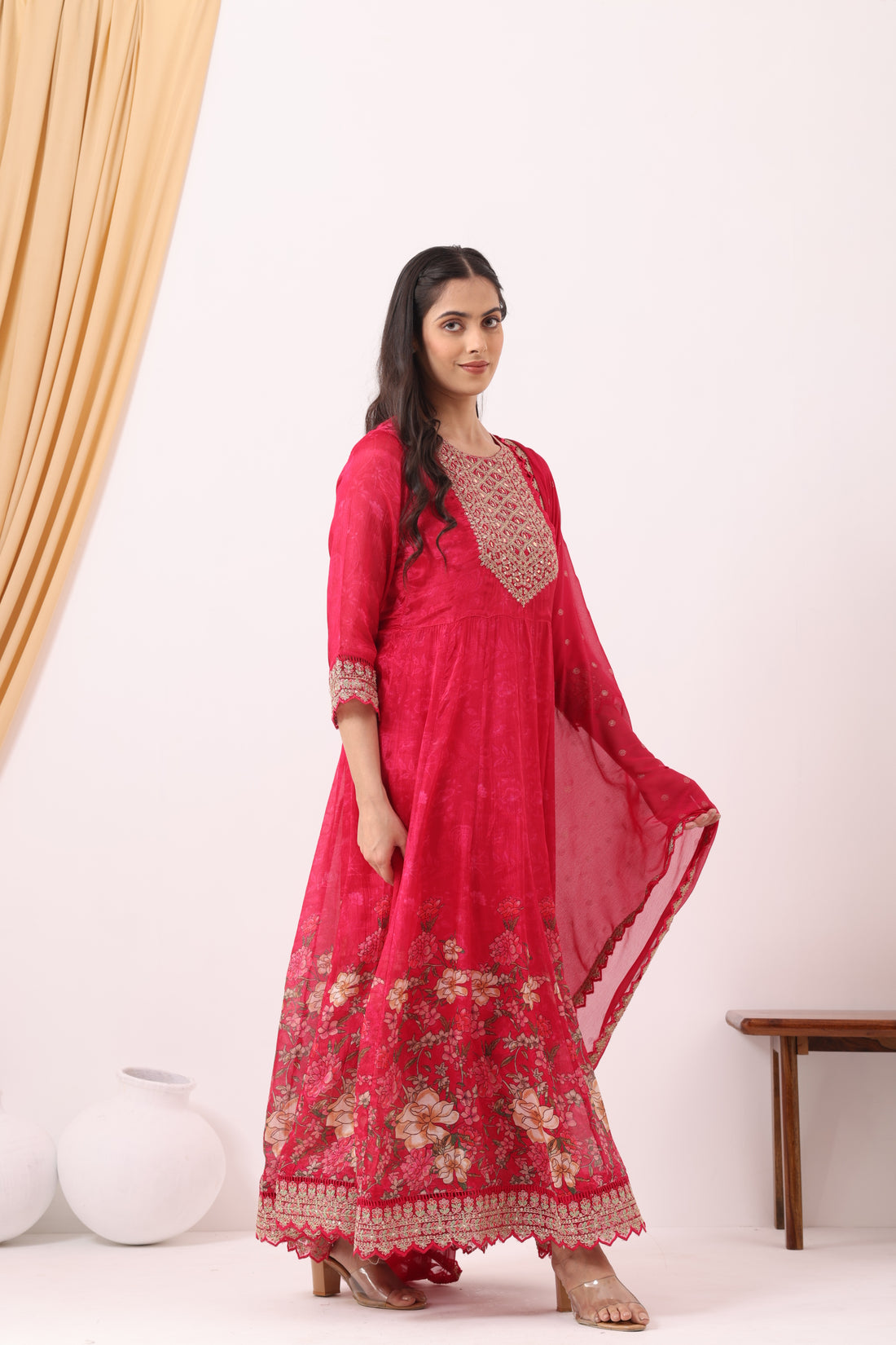 Rose Red Crepe Printed &amp; Hand Embroidered Anarkali Set