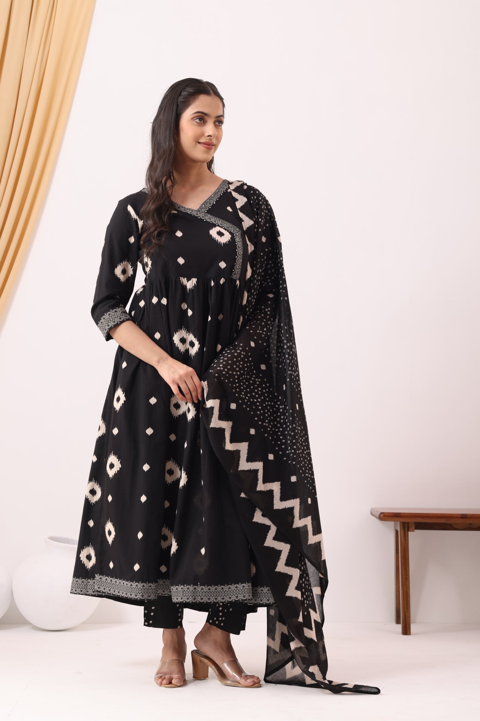 Black Cotton Printed Angrakha Anarkali Suit Set