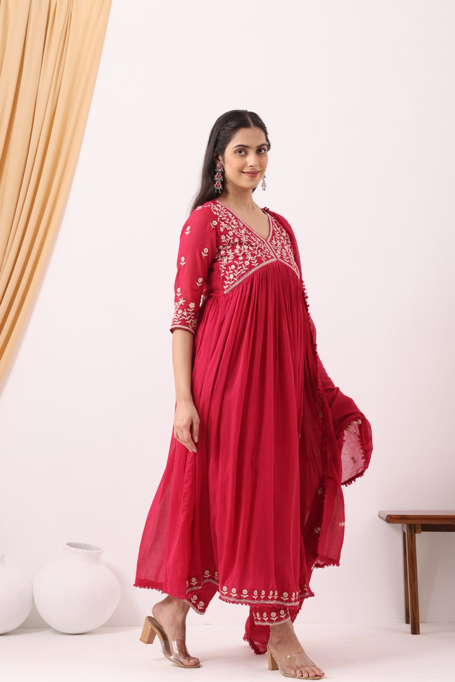 Mulmul Cotton Pink Anarkali Kurta with Pant &amp; Dupatta