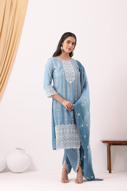 Blue Chikankari Kurta with Tulip Pants Set