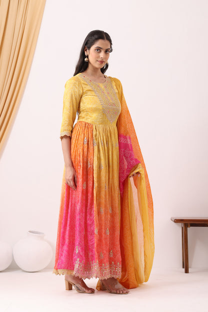 Yellow &amp; Pink Ombre Crepe Printed &amp; Hand Embroidered Anarkali Set