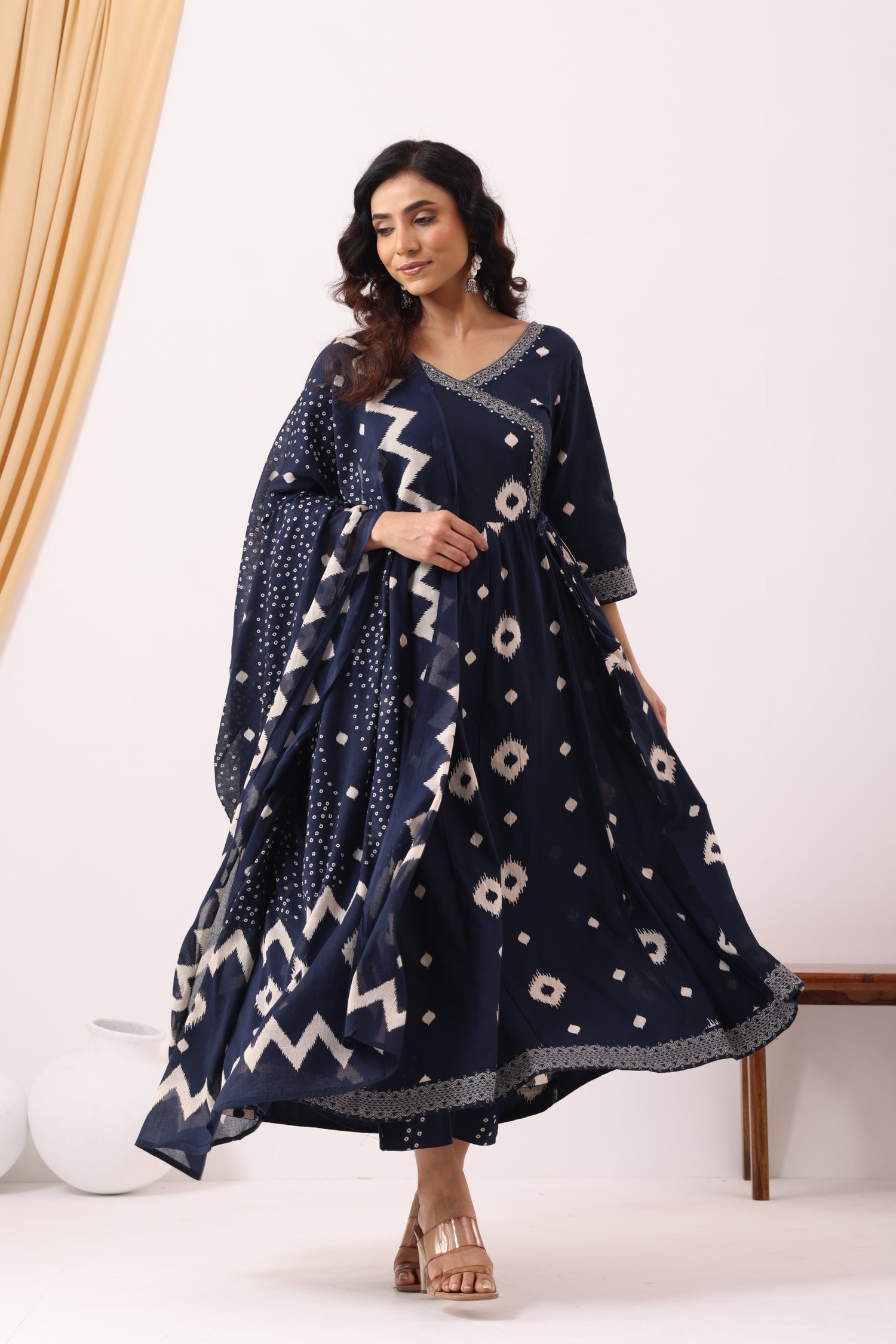 Blue Cotton Printed Angrakha Anarkali Suit Set