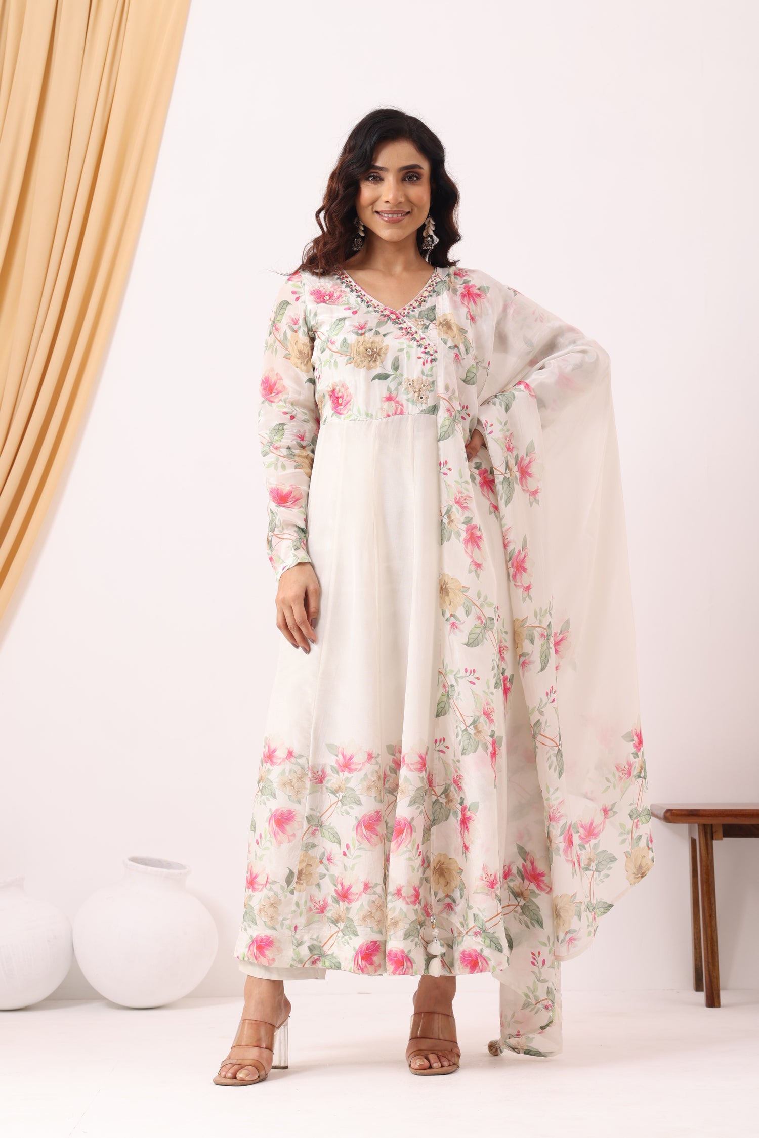 Pearl white Printed &amp; Hand Embroidered Anarkali Set