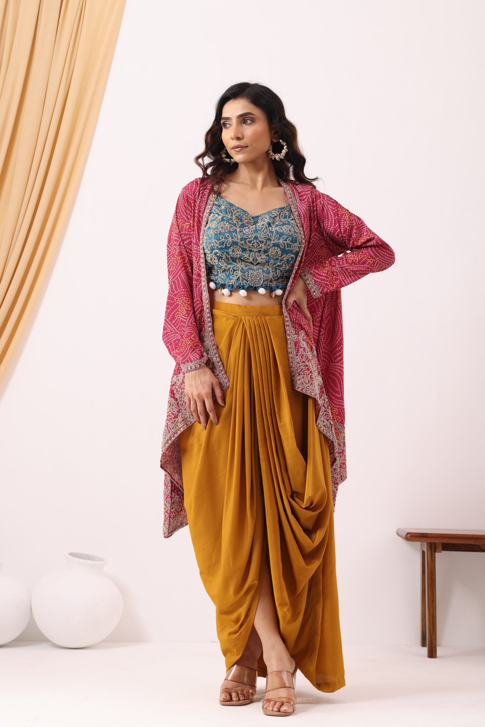 Yellow Draped Fusion Set with Bandhej Cape Set