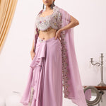 Lilac Draped Fusion Set with Cape Sleeves and Embroidered in Ivory