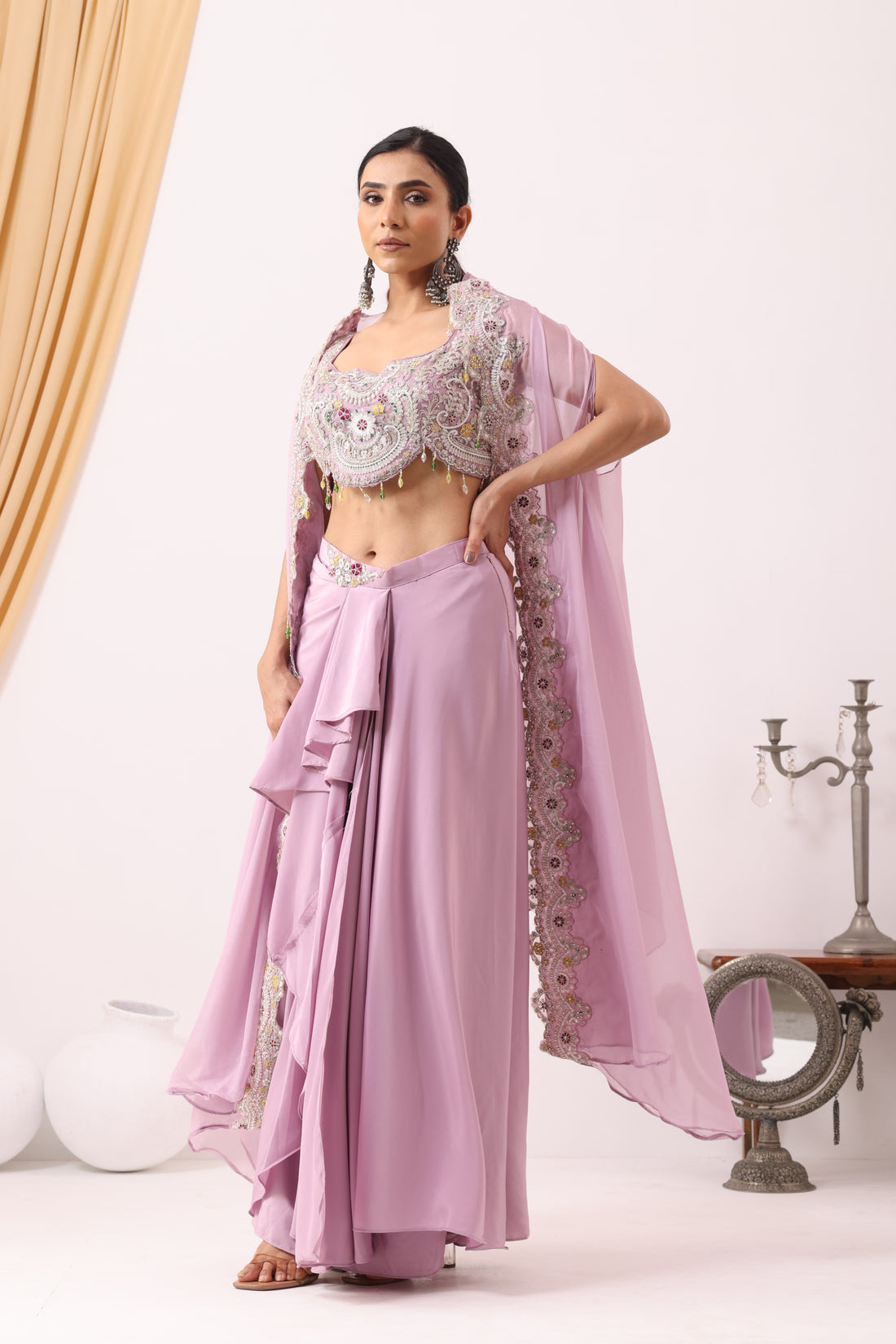 Lilac Draped Fusion Set with Cape Sleeves and Embroidered in Ivory