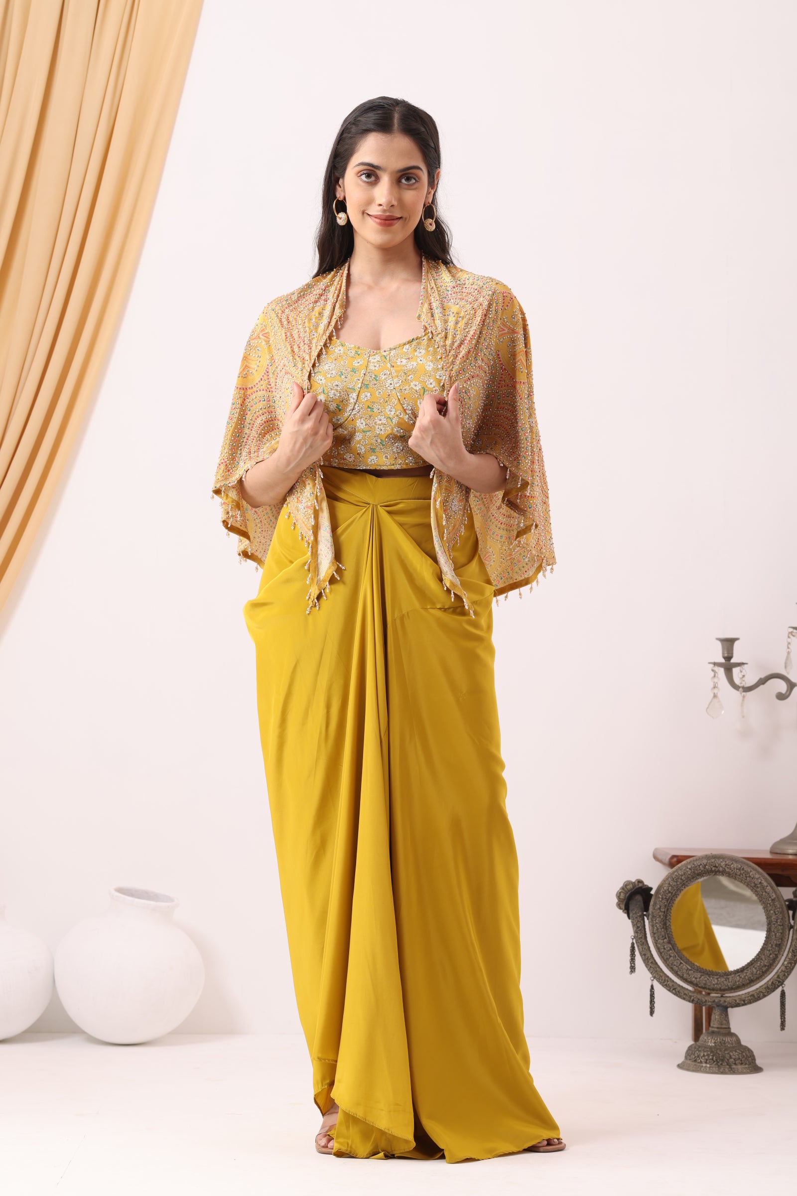 Yellow Indowestern Strappy Crop Top Draped Skirt with Cape Set