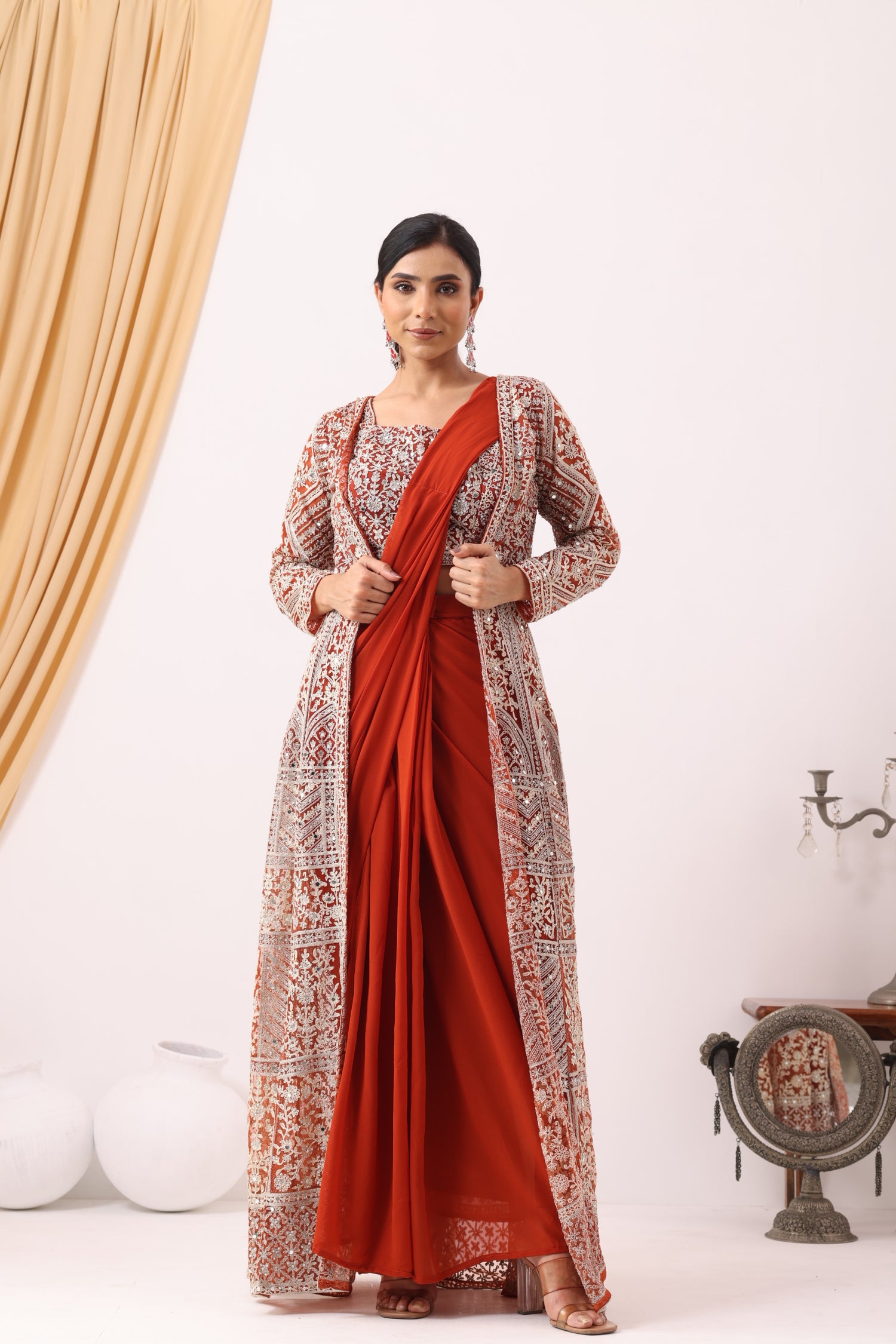 Rust Gold Draped Saree with Heavy Embroidered Shrug &amp; Blouse