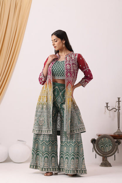 Georgette Dusty Green Designer Sharara Suit Set with Jacket