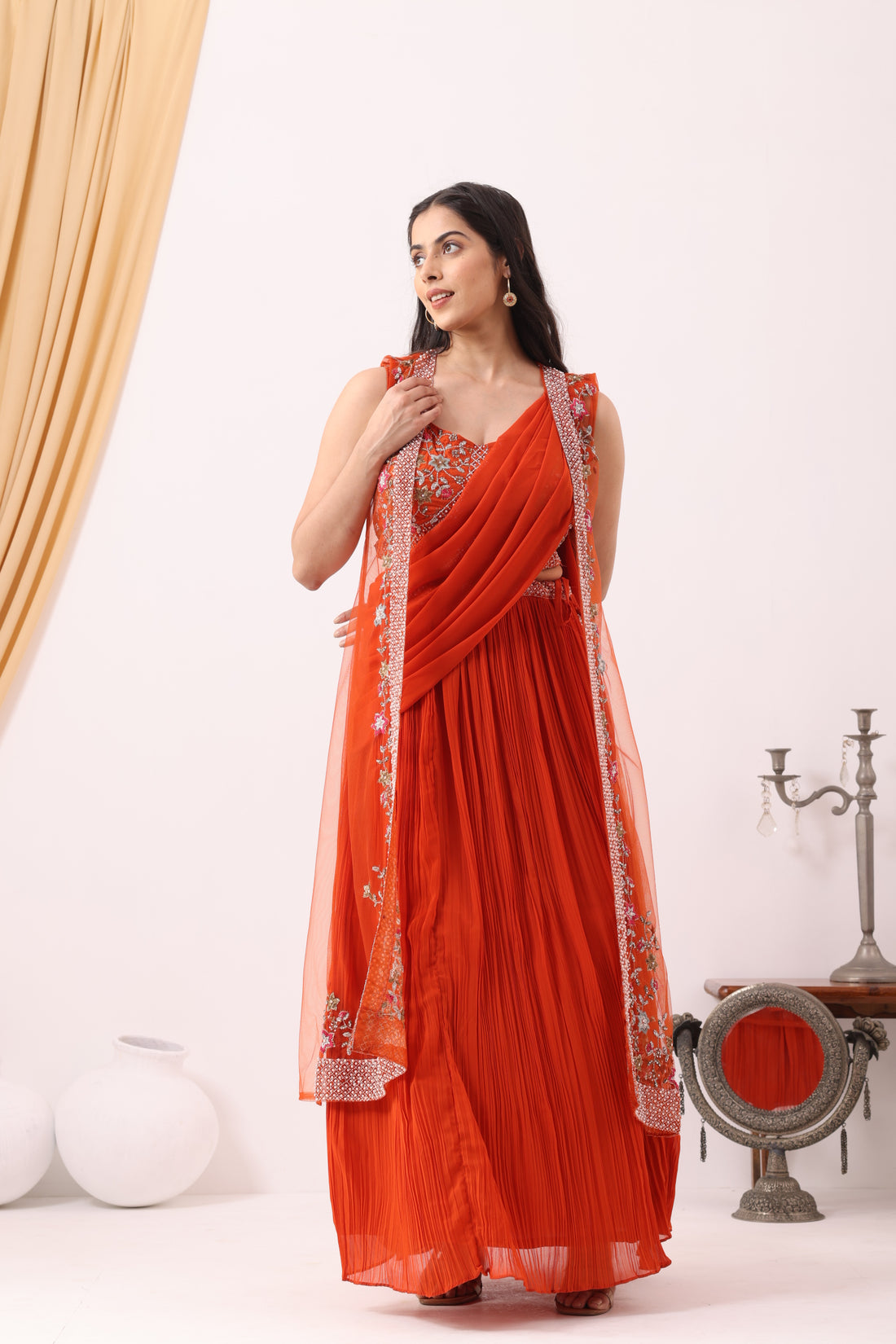 Orange Georgette Draped Jacket Saree Set