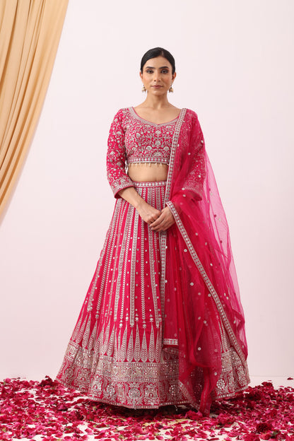 Magenta Pink Lehenga Set with Zari Embellished Blouse and Embellished Cape