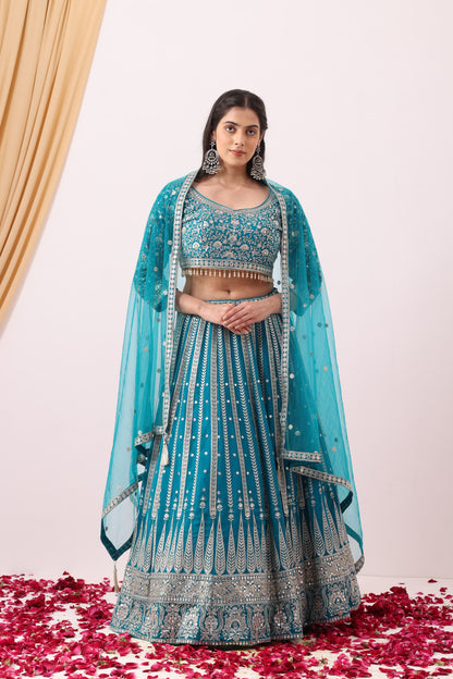 Turquoise Blue Lehenga Set with Zari Embellished Blouse and Embellished Cape