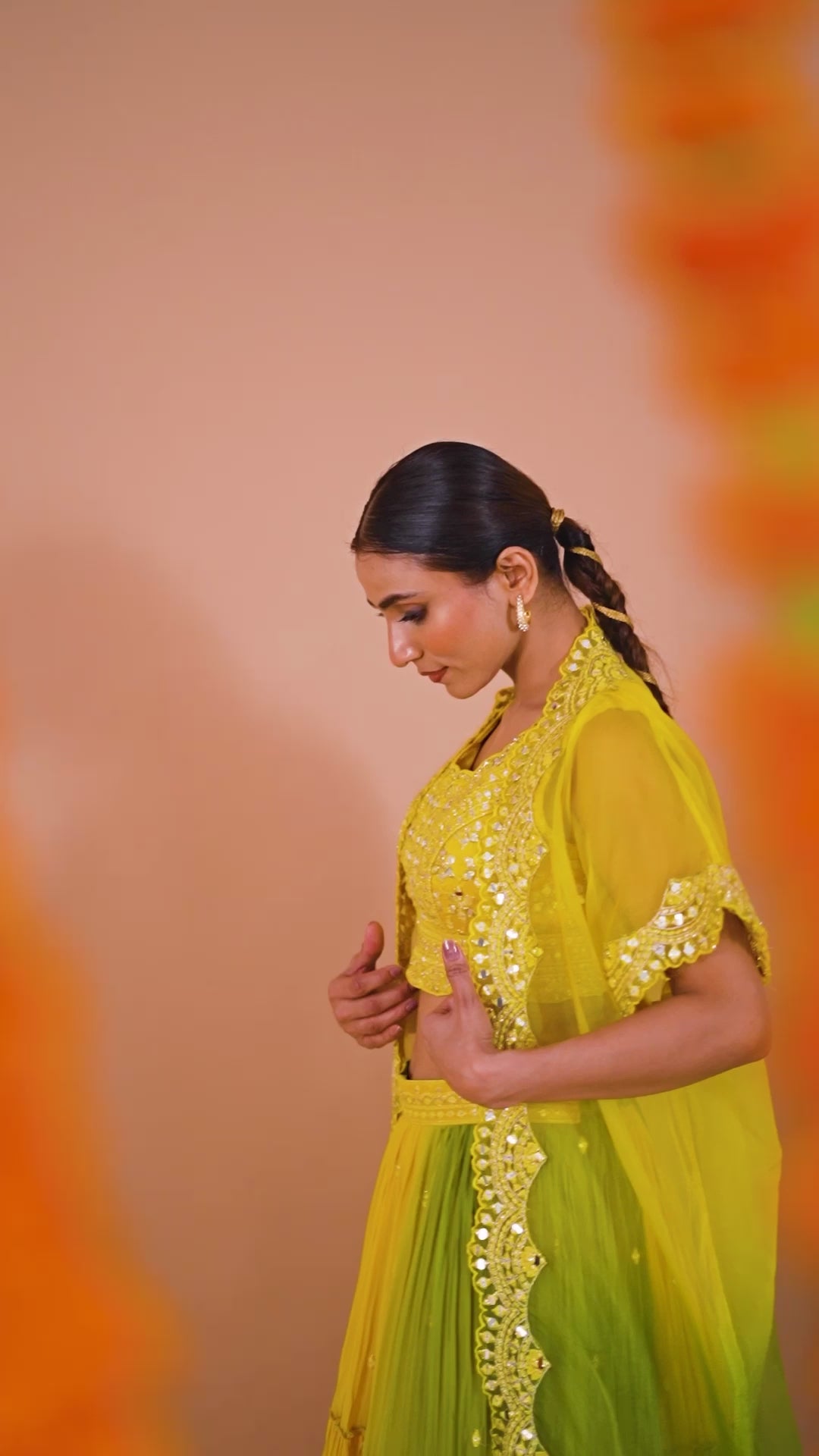 Yellow Green Indo-Western Crop Top Lehenga with Shrug