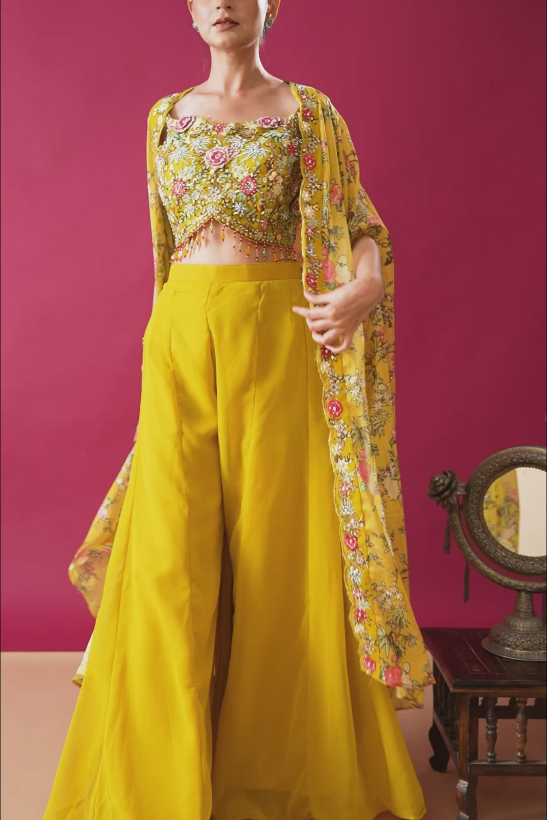 Indo Western Palazzo Set with Floral Printed Cape