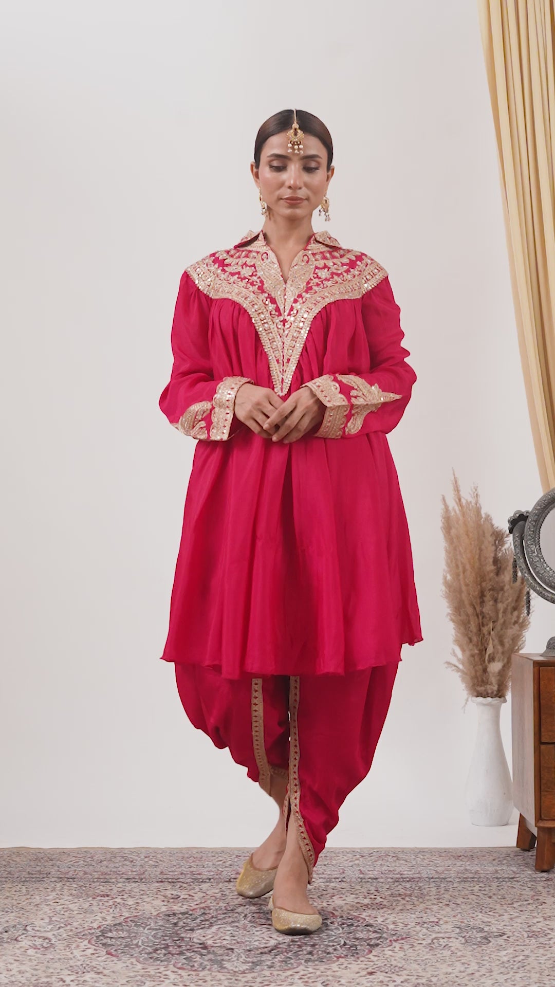 Magenta Pink Chinnon Zari Embroidered Tulip Style Dress