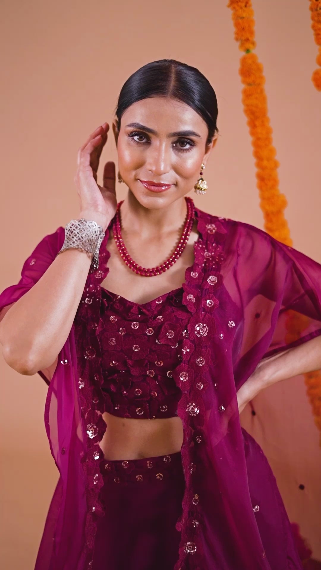 Maroon Lehnga Set with Crop Top &amp; Cape