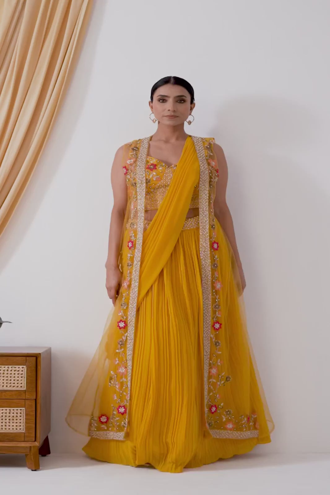 Mustard Yellow Georgette Draped Jacket Saree Set