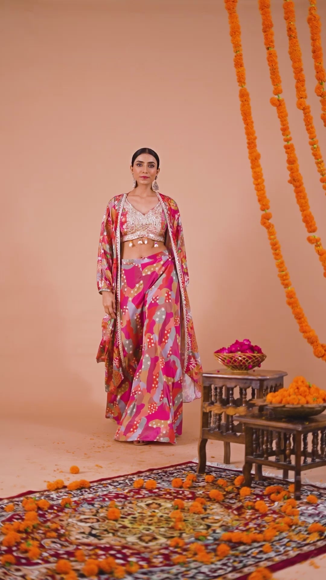 Pink Printed Sharara Set with shrug