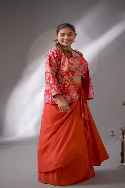 Blossom Orange Dhoti Skirt with Embroidered Top &amp; Full Sleeves Jacket