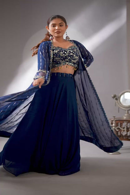 Deep Blue Lehenga set with Long Cape