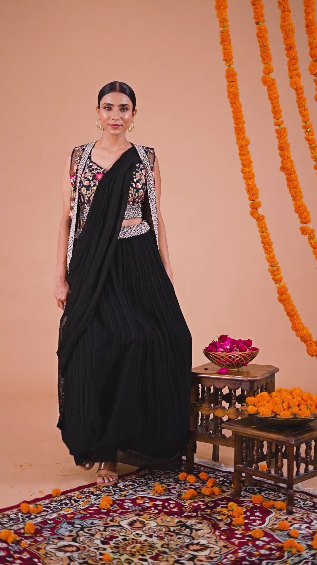 Black Georgette Draped Jacket Saree Set