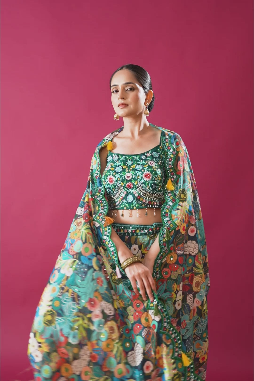 Green Tropical Printed Indo Western Lehenga Cape Set